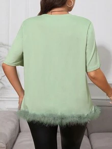 SHEIN Unity Áo thun Plus size Tương phản lông thú giả màu trơn Giải trí - Màu xanh Bạc hà - Xem 2