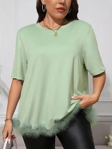 SHEIN Unity Áo thun Plus size Tương phản lông thú giả màu trơn Giải trí - Màu xanh Bạc hà - Xem 3