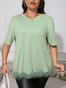 SHEIN Unity Áo thun Plus size Tương phản lông thú giả màu trơn Giải trí - Màu xanh Bạc hà - Xem 4