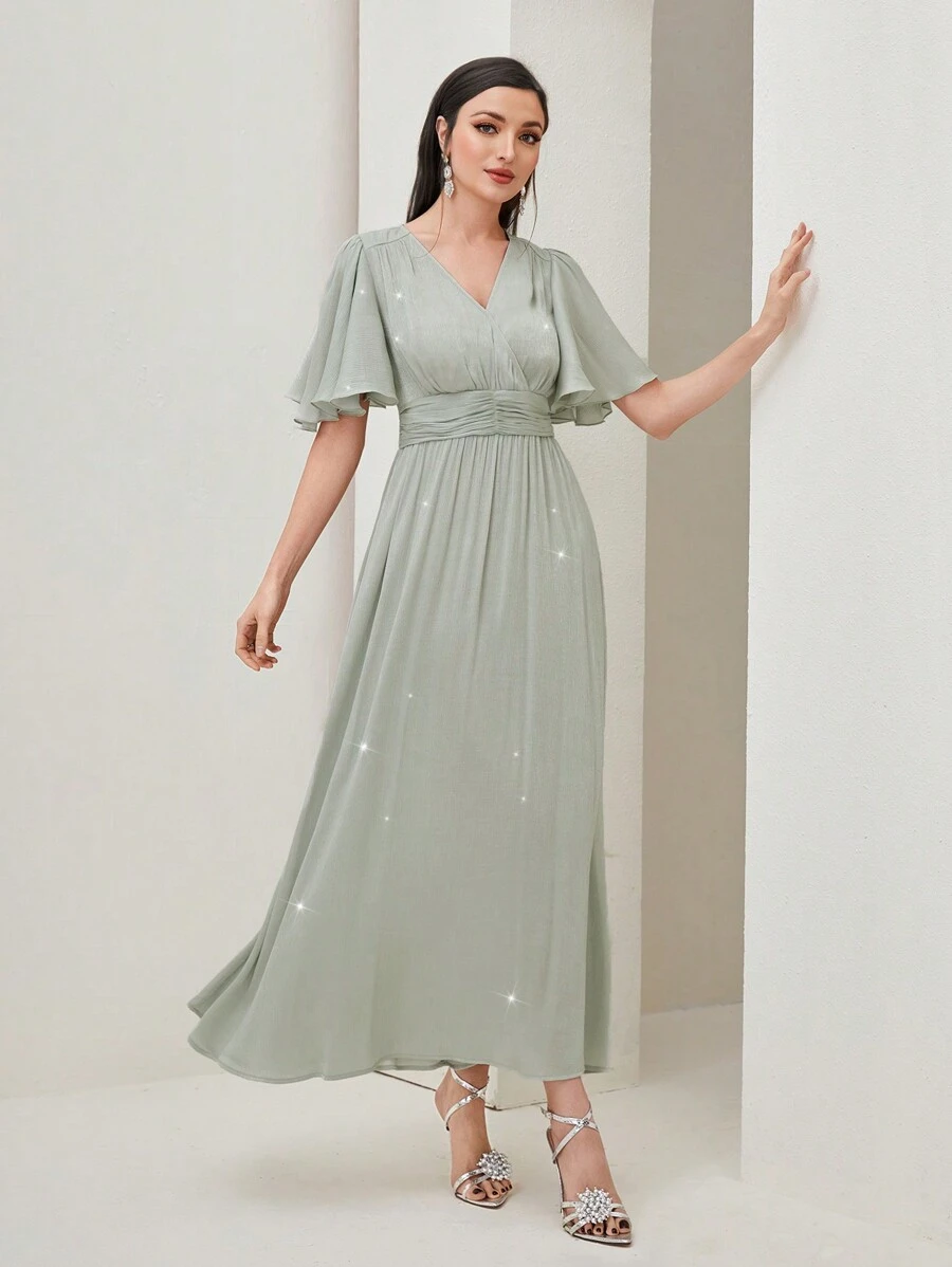 Modelyn Butterfly Sleeve Ruched Waist A-line Dress - Mint Green - View 1