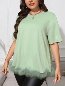 SHEIN Unity Áo thun Plus size Tương phản lông thú giả màu trơn Giải trí - Màu xanh Bạc hà - Xem 5