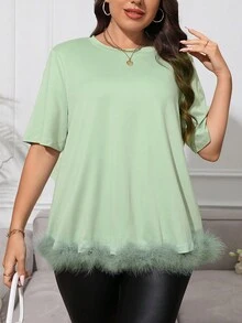 SHEIN Unity Áo thun Plus size Tương phản lông thú giả màu trơn Giải trí - Màu xanh Bạc hà - Xem 6