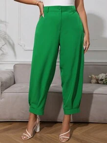 SHEIN Essnce Plus Solid Carrot Trousers - Green - View 3
