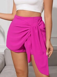 SHEIN Privé 大碼素色側打結圍裹下擺裙裤