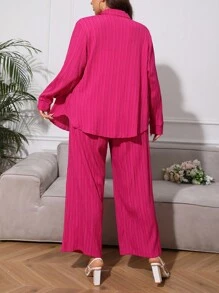 SHEIN Essnce 大碼素色前紐扣襯衫和闊腿褲 - 玫紅色 - 查看 2