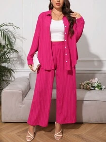 SHEIN Essnce 大碼素色前紐扣襯衫和闊腿褲 - 玫紅色 - 查看 4