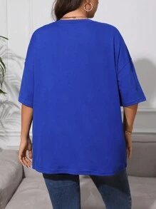 SHEIN EZwear Plus Slogan Graphic Drop Shoulder Tee - Royal Blue - View 2