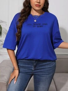 SHEIN EZwear Plus Slogan Graphic Drop Shoulder Tee - Royal Blue - View 3
