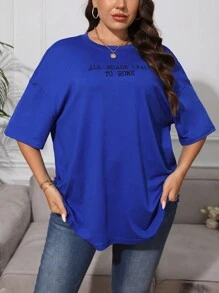 SHEIN EZwear Plus Slogan Graphic Drop Shoulder Tee - Royal Blue - View 5