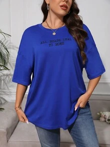 SHEIN EZwear Plus Slogan Graphic Drop Shoulder Tee - Royal Blue - View 6
