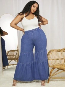 SHEIN CURVE+ Talla grande Jeans de cintura elástica bajo con fruncido de pierna ancha - Azul lavado medio - Ver 2