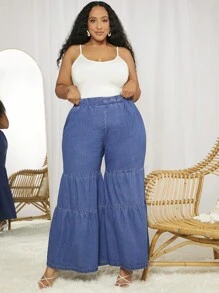 SHEIN CURVE+ Talla grande Jeans de cintura elástica bajo con fruncido de pierna ancha - Azul lavado medio - Ver 6
