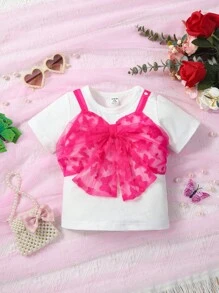 SHEIN 嬰兒網紗拼接前蝴蝶結假兩入組T恤 - 彩色 - 查看 1