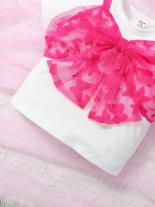 SHEIN 嬰兒網紗拼接前蝴蝶結假兩入組T恤 - 彩色 - 查看 3