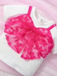 SHEIN 嬰兒網紗拼接前蝴蝶結假兩入組T恤 - 彩色 - 查看 4