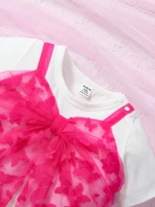 SHEIN 嬰兒網紗拼接前蝴蝶結假兩入組T恤 - 彩色 - 查看 5