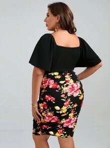 SHEIN Clasi 大碼印花蝴蝶袖側收褶緊身連衣裙 - 彩色 - 查看 2