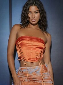 SHEIN BAE Lace Up Front Tube Top - Orange - View 1
