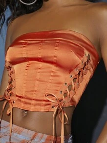 SHEIN BAE Lace Up Front Tube Top - Orange - View 6