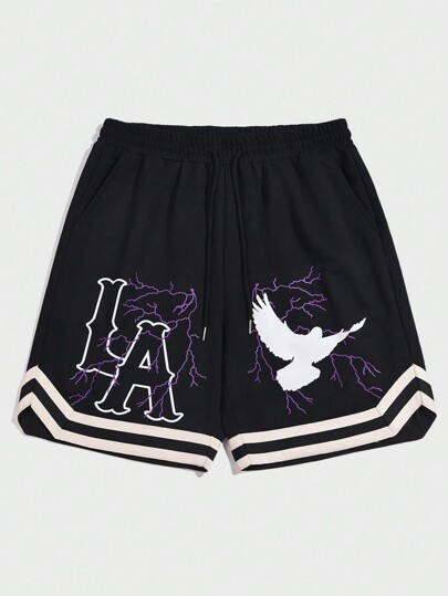 Street Life Guys Letter Pigeon Graphic Striped Trim Drawstring Waist Shorts