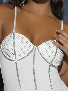 SHEIN BAE 水鑽細節緊身吊帶連體衣 - 白色 - 查看 5