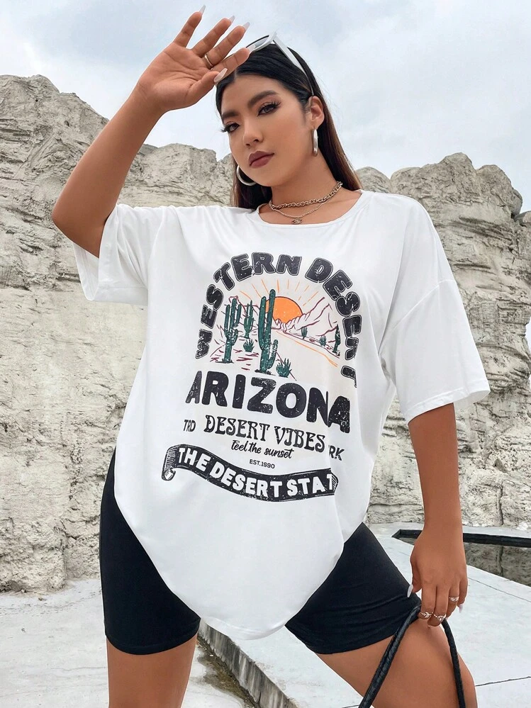 Flirla Plus Cactus & Slogan Graphic Drop Shoulder Tee & Biker Shorts - Black and White - View 3
