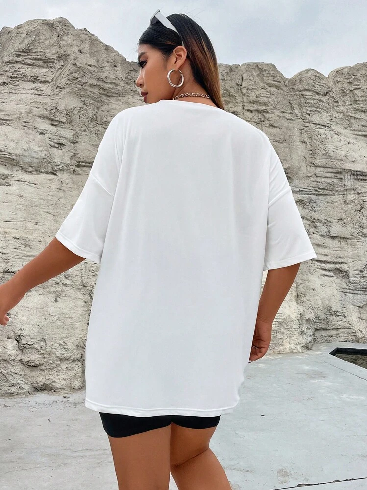 Flirla Plus Cactus & Slogan Graphic Drop Shoulder Tee & Biker Shorts - Black and White - View 4