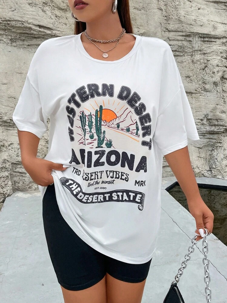 Flirla Plus Cactus & Slogan Graphic Drop Shoulder Tee & Biker Shorts - Black and White - View 5