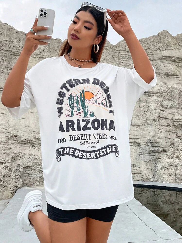 Flirla Plus Cactus & Slogan Graphic Drop Shoulder Tee & Biker Shorts - Black and White - View 6