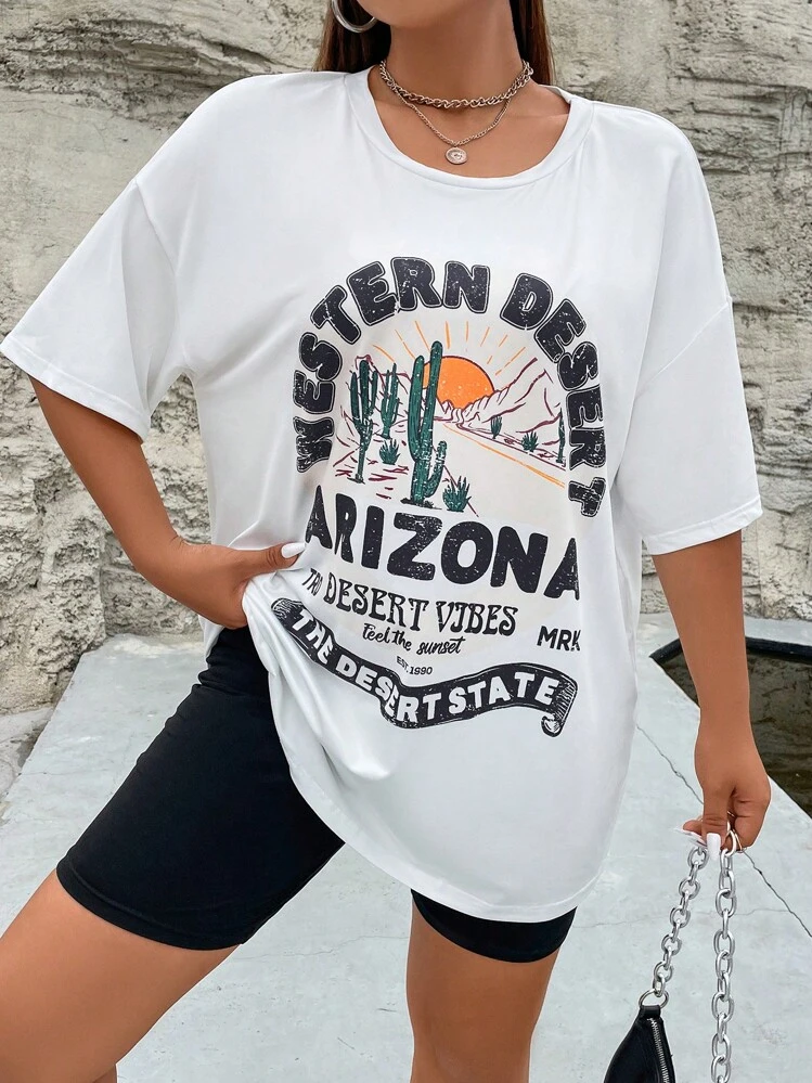 Flirla Plus Cactus & Slogan Graphic Drop Shoulder Tee & Biker Shorts - Black and White - View 7
