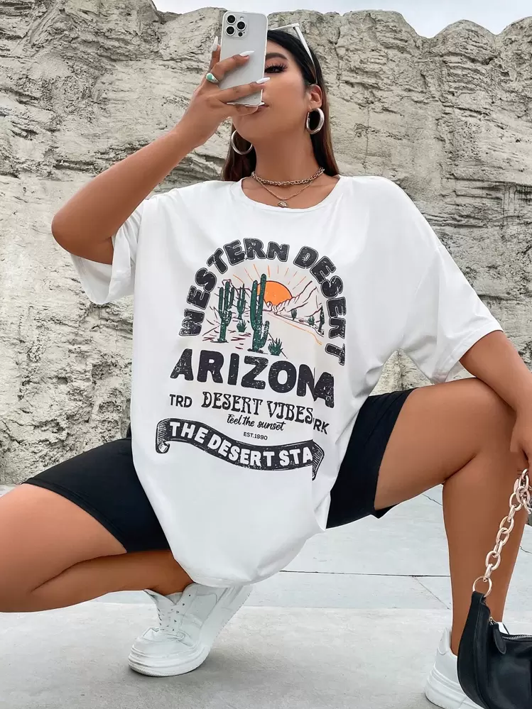 Flirla Plus Cactus & Slogan Graphic Drop Shoulder Tee & Biker Shorts - Black and White - View 2