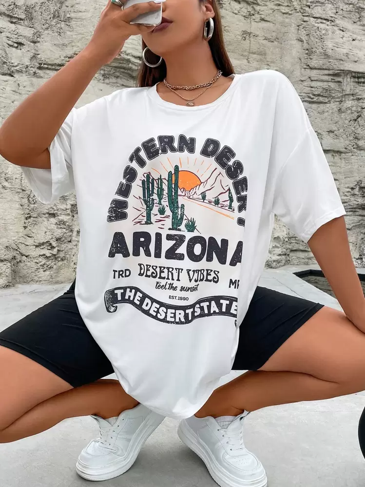 Flirla Plus Cactus & Slogan Graphic Drop Shoulder Tee & Biker Shorts - Black and White - View 1