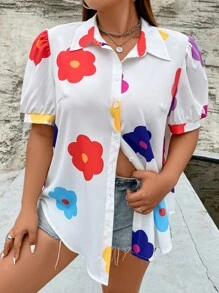 SHEIN Qutie 大碼印花泡泡袖襯衫 - 白色 - 查看 2