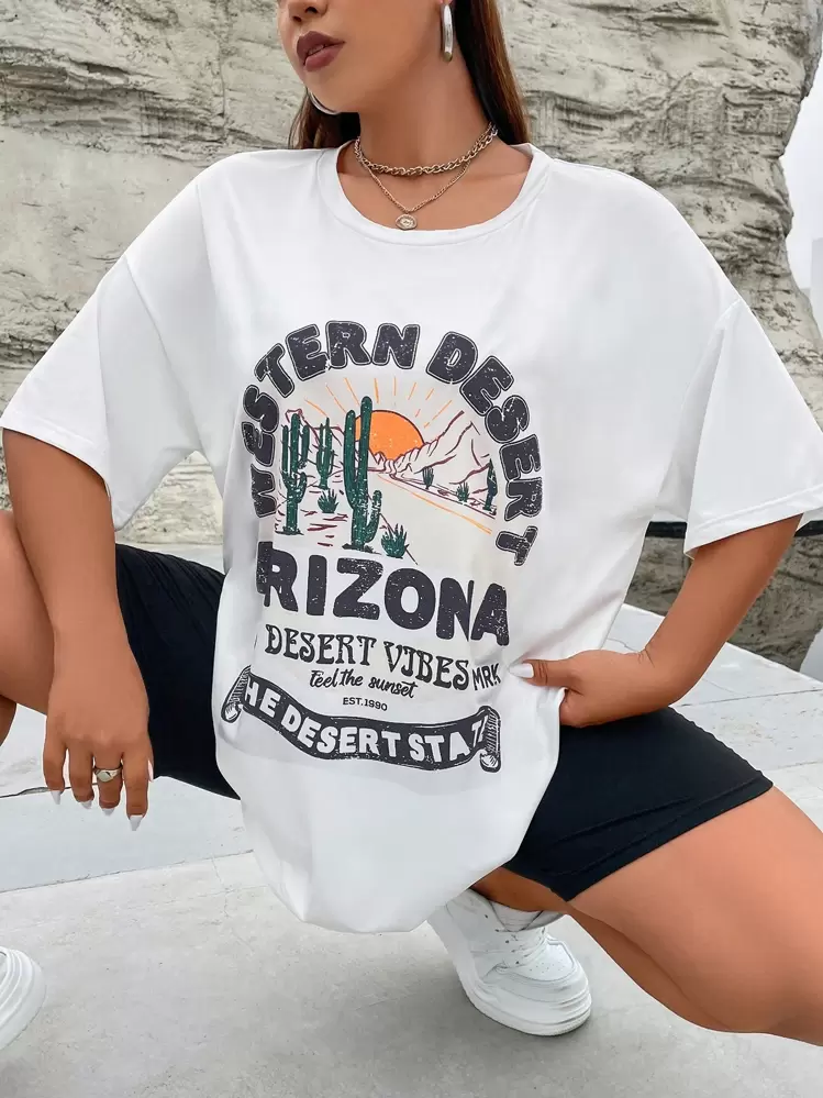 Flirla Plus Cactus & Slogan Graphic Drop Shoulder Tee & Biker Shorts - Black and White - View 8