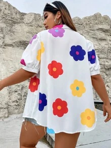 SHEIN Qutie 大碼印花泡泡袖襯衫 - 白色 - 查看 3