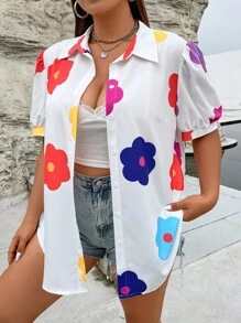 SHEIN Qutie 大碼印花泡泡袖襯衫 - 白色 - 查看 4