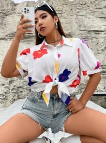 SHEIN Qutie 大碼印花泡泡袖襯衫 - 白色 - 查看 5