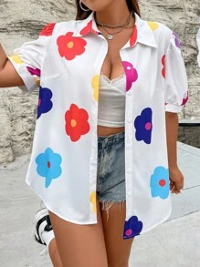 SHEIN Qutie 大碼印花泡泡袖襯衫 - 白色 - 查看 6