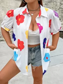 SHEIN Qutie 大碼印花泡泡袖襯衫 - 白色 - 查看 1