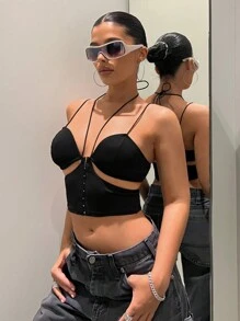 SHEIN X Doris Jocelyn SHEIN ICON 鉤眼扣前鏤空吊帶上衣 - 黑色 - 查看 1