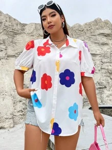 SHEIN Qutie 大碼印花泡泡袖襯衫 - 白色 - 查看 7