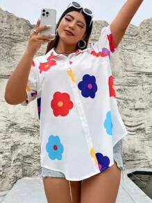 SHEIN Qutie 大碼印花泡泡袖襯衫 - 白色 - 查看 8