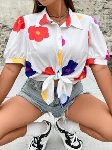 SHEIN Qutie 大碼印花泡泡袖襯衫 - 白色 - 查看 9