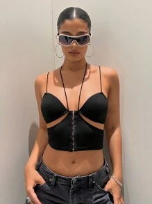 SHEIN X Doris Jocelyn SHEIN ICON 鉤眼扣前鏤空吊帶上衣 - 黑色 - 查看 6