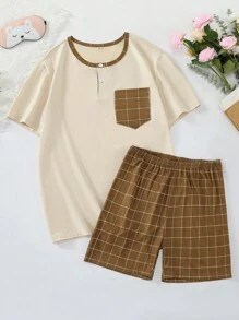 男士格紋印花口袋貼布T恤和短褲睡衣套裝