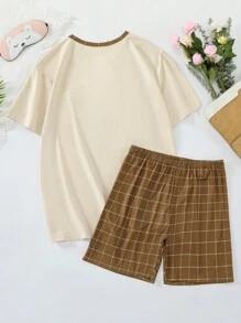 男士格紋印花口袋貼布T恤和短褲睡衣套裝