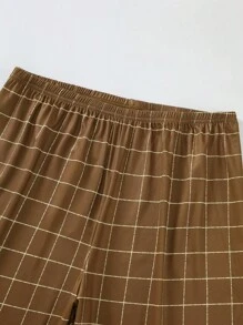 男士格紋印花口袋貼布T恤和短褲睡衣套裝