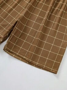 男士格紋印花口袋貼布T恤和短褲睡衣套裝