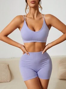 Yoga Sxy 露背交叉寬腰帶運動套裝 - 淡紫色 - 查看 2