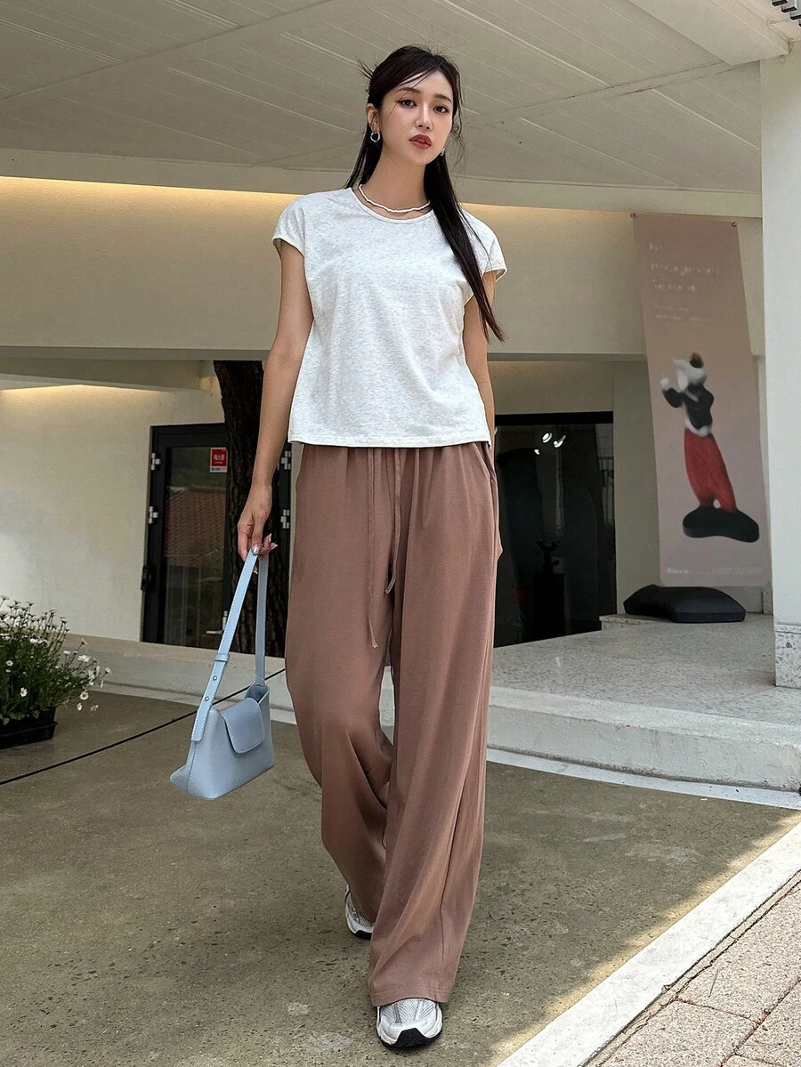 DAZY Solid Tee & Drawstring Waist Straight Leg Pants - Coffee Brown - View 1